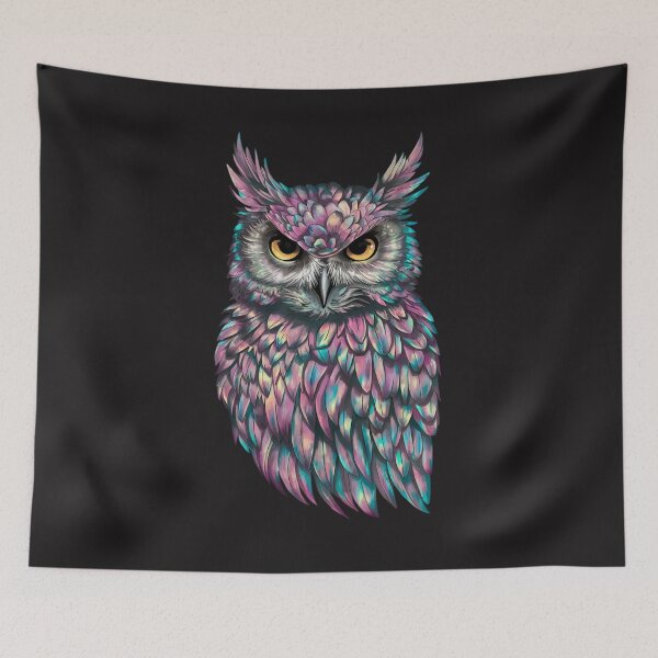 Item preview, An owl with feathers that shift between shades of iridescent colors—pinks, purples, blues, and greens designed and sold by 123ks.