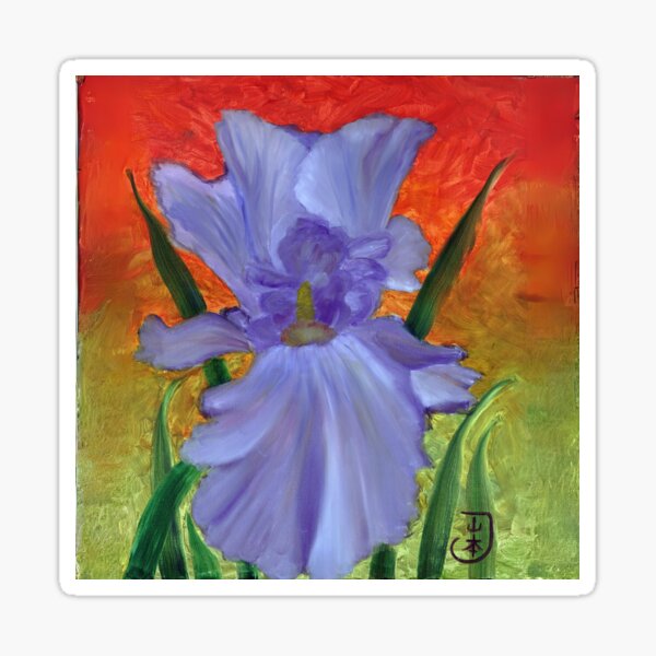 Aperçu de l'œuvre Fleur d'iris violet arc-en-ciel contre les couleurs ardentes du coucher de soleil, peinture à l'huile abstraite, fleur colorée, inspirée de la nature, art unique avec fond orange et vert créée et vendue par Windwalker Dreams Art.
