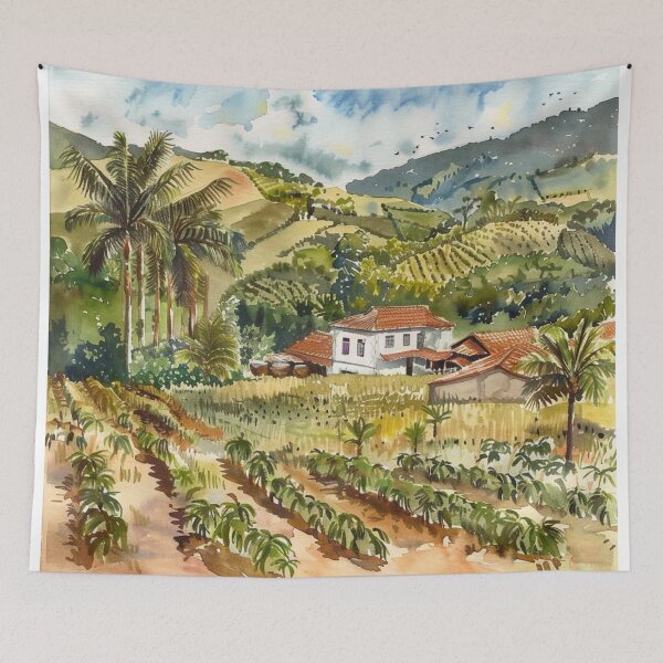 Item preview, A Watercolor Design of a coffee plantation in Minas Gerais - Brazil  designed and sold by Sketch-Shack.