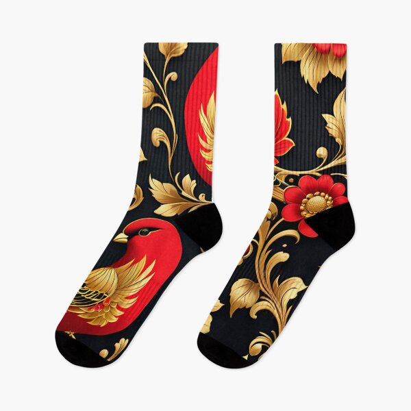 Item preview, FLORAL AND TROPICAL PATTERN O6 - Gift items and personal use / Bird, Red, Leaves, Black, Flowers,  Jungle, Russian, Golden, Art designed and sold by LumDesignArt.