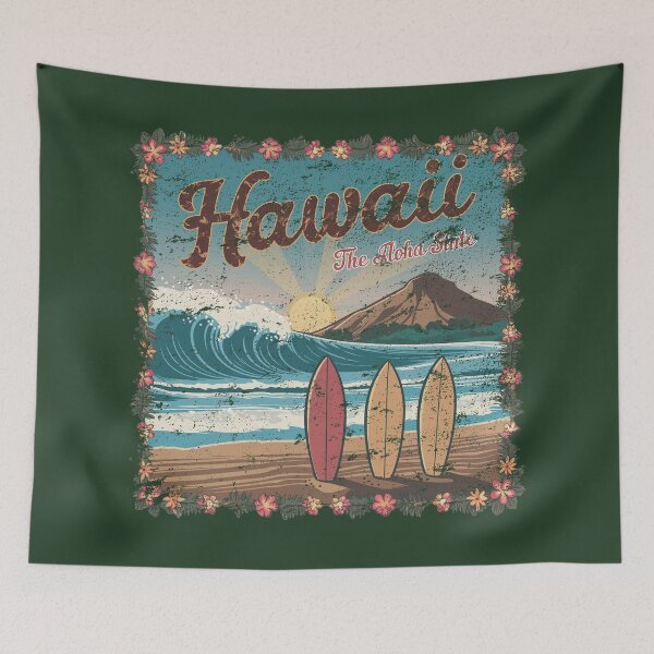 Item preview, Hawaii T-Shirt - Vintage Waikiki Beach Design - Aloha State Surf Sunset Tee - Hawaiian Font & Floral Garland designed and sold by ReFreshU Shop Designs.