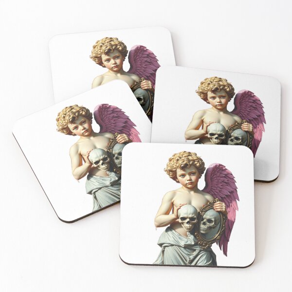 Item preview, Romantic Boy Angel statue pink wings with punk rock skull designed and sold by TaliaShin.