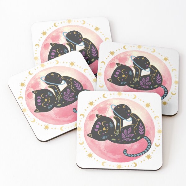 Item preview, Galactic Mystical Black Cat Kitty Pink Moon designed and sold by WildWoodlandWitch.