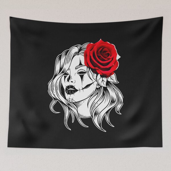 Artikelvorschau, Schöner Clown-Totenkopf mit roter Rose im Haar entworfen und verkauft von DeadWicked.