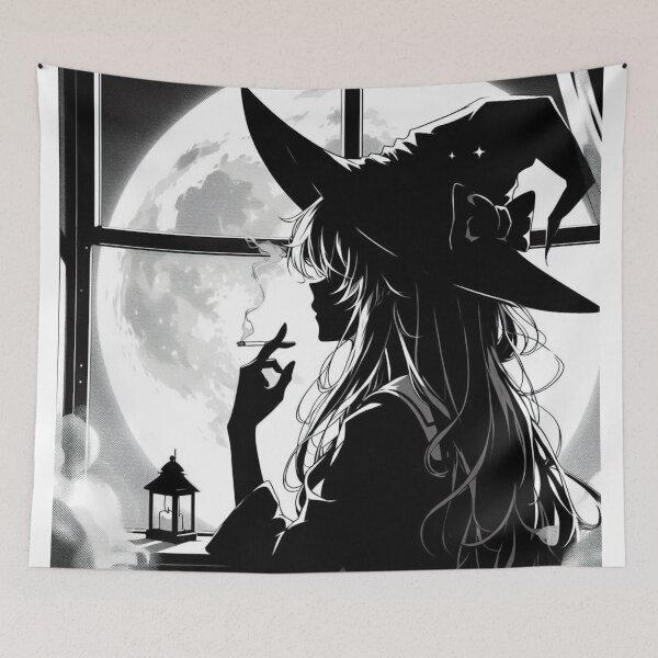 Item preview, Witch-like shadow in anime style, smoking a cigarette, looking at the moon through a window. designed and sold by MYSTAYA.