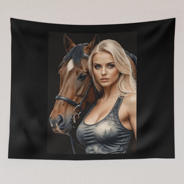 Item preview, Enchanting Golden-Haired Beauty with Majestic Horse – High-Resolution Fantasy Art designed and sold by Fantasy-Art.nl.