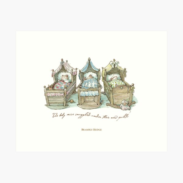 The Brambly Hedge baby mice snuggle in their cots Art Print