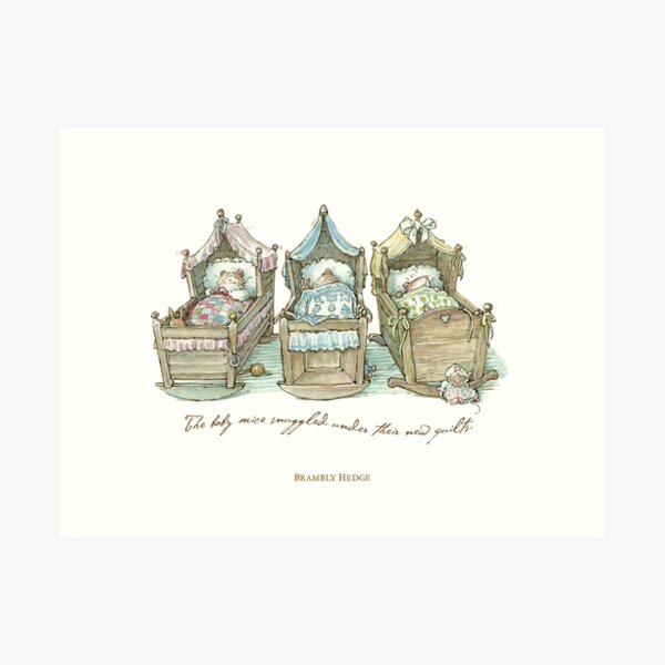 The Brambly Hedge baby mice snuggle in their cots Art Print
