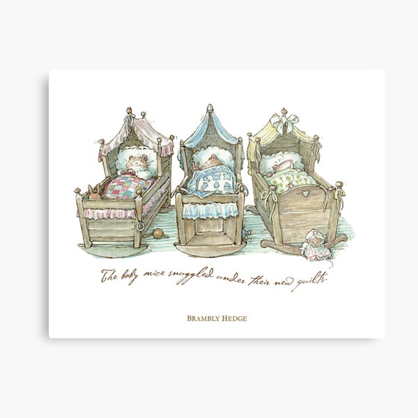 The Brambly Hedge baby mice snuggle in their cots Metal Print