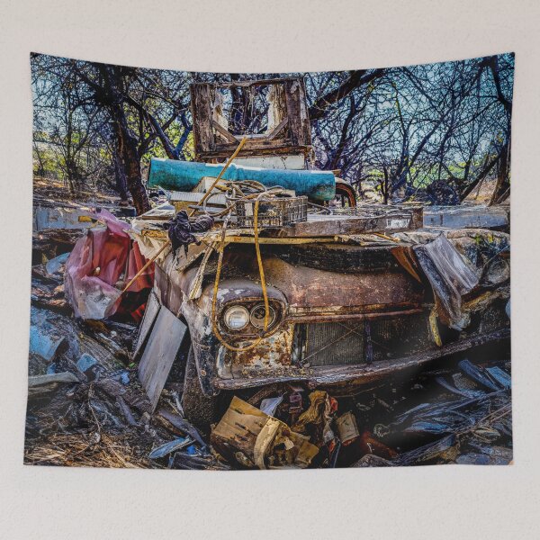Item preview, Rusty old truck in a field covered in random objects and surrounded by trees in Ajijic, Jalisco, Mexico. designed and sold by Jayne Ion.