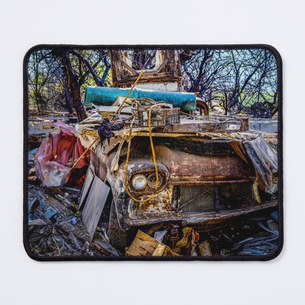 Item preview, Rusty old truck in a field covered in random objects and surrounded by trees in Ajijic, Jalisco, Mexico. designed and sold by Jayne Ion.