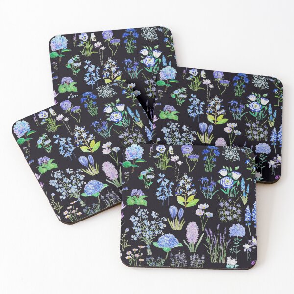 Item preview, hand painted blue and purple flower collection in black background designed and sold by ColorandColor.