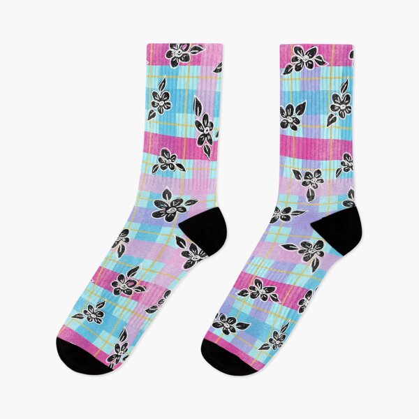 Artikelvorschau, Girly Preppy Bunte Plaid und Doodle Blumen-Rosa, Lila, Gelb, Blau mit schwarzen Blumen entworfen und verkauft von GenAumonier.