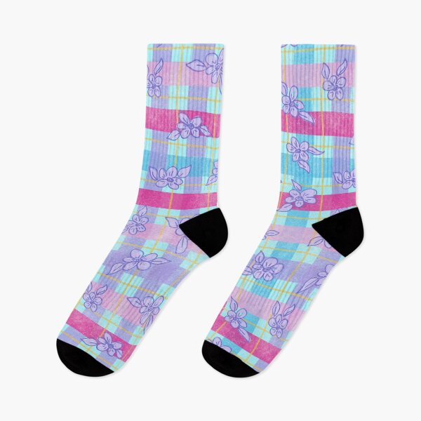 Artikelvorschau, Girly Preppy Bunte Plaid und Doodle Blumen-Rosa, Lila, Gelb, Blau mit lila Blumen entworfen und verkauft von GenAumonier.