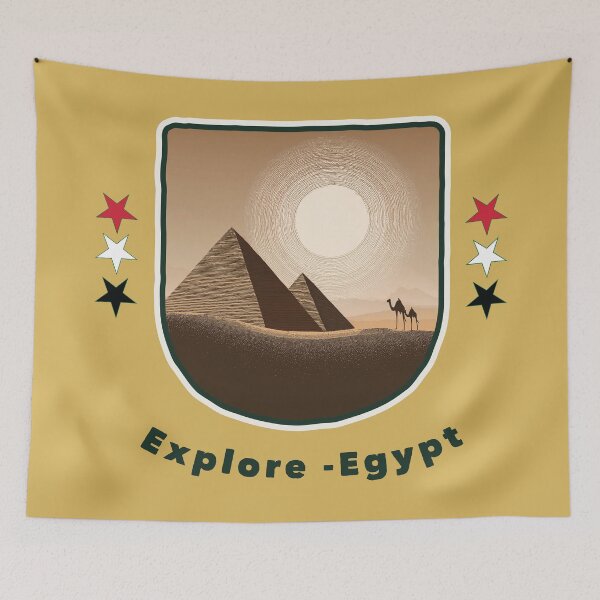 Item preview, Explore Egypt Travel Design with illustration "the Pyramids of Giza" and Camels set against backdrop of sunset. designed and sold by HEMRO.