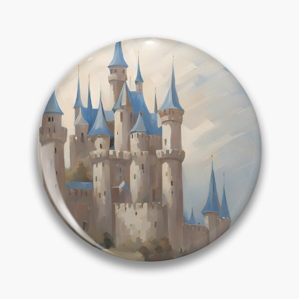 Item preview, Fairytale castle in a field of light blue iris flowers - retro oil painting medieval enchanted land designed and sold by Fantasy Cache.