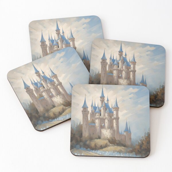 Item preview, Fairytale castle in a field of light blue iris flowers - retro oil painting medieval enchanted land designed and sold by Fantasy Cache.