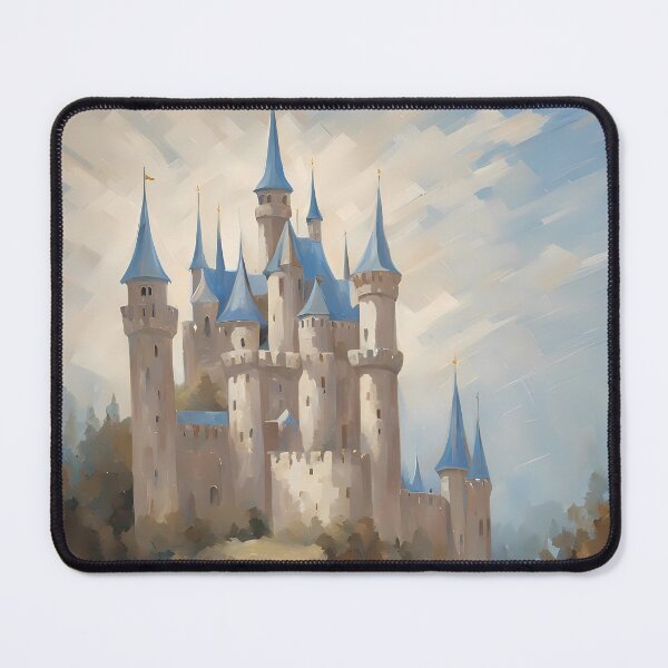 Item preview, Fairytale castle in a field of light blue iris flowers - retro oil painting medieval enchanted land designed and sold by Fantasy Cache.