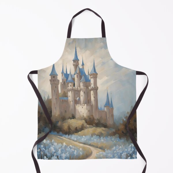 Item preview, Fairytale castle in a field of light blue iris flowers - retro oil painting medieval enchanted land designed and sold by Fantasy Cache.