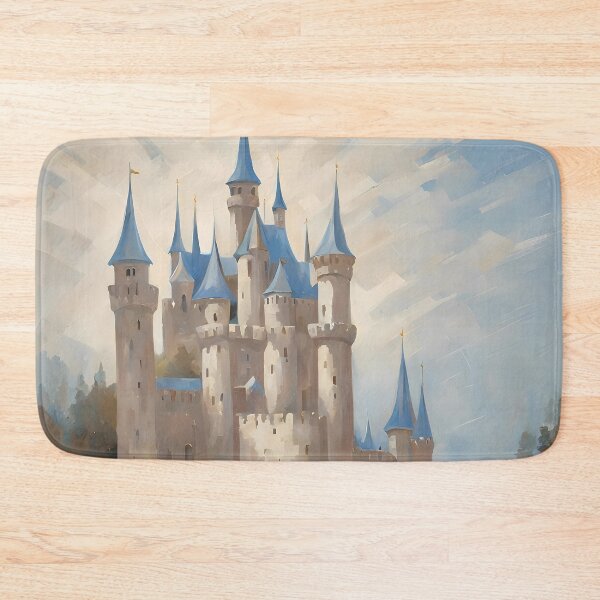 Item preview, Fairytale castle in a field of light blue iris flowers - retro oil painting medieval enchanted land designed and sold by Fantasy Cache.