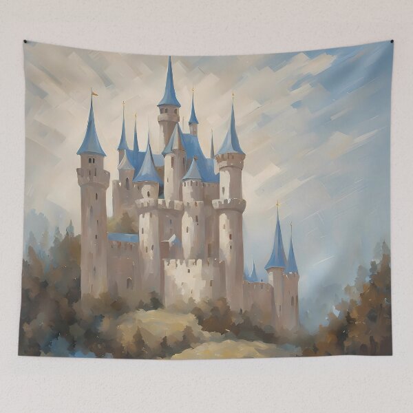 Item preview, Fairytale castle in a field of light blue iris flowers - retro oil painting medieval enchanted land designed and sold by Fantasy Cache.
