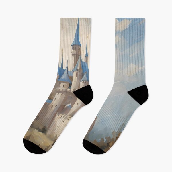 Item preview, Fairytale castle in a field of light blue iris flowers - retro oil painting medieval enchanted land designed and sold by Fantasy Cache.
