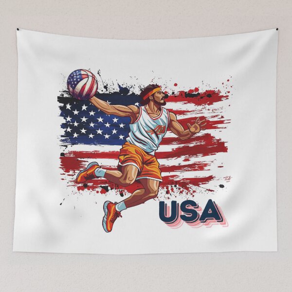 Item preview, Basketball flying jump with abstract USA flag designed and sold by Micapox.