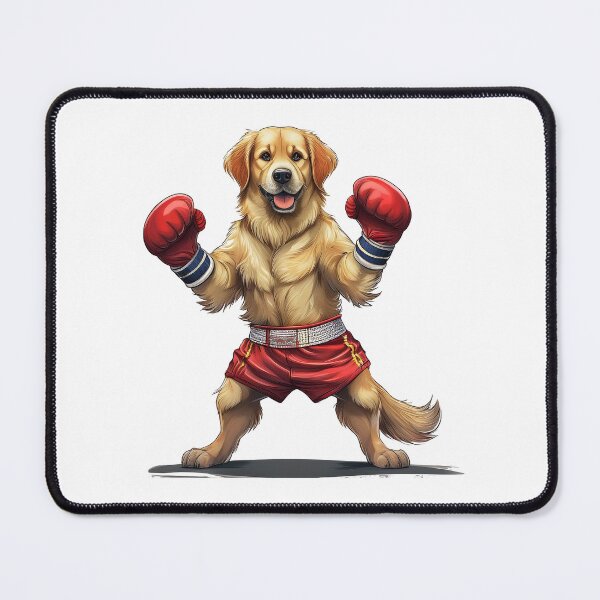 Item preview, happy golden retriever dog wearing boxing gloves and trunks designed and sold by planetgolden.