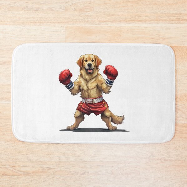 Item preview, happy golden retriever dog wearing boxing gloves and trunks designed and sold by planetgolden.