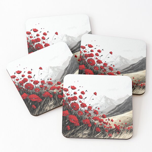 Item preview, Field of Red Poppies Swaying in the Wind with Majestic Mountain Background designed and sold by PaintbrushPlace.
