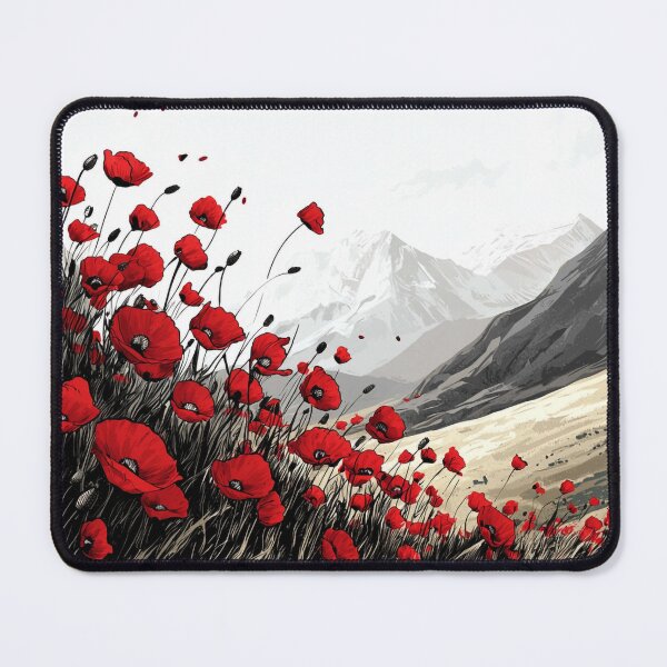 Item preview, Field of Red Poppies Swaying in the Wind with Majestic Mountain Background designed and sold by PaintbrushPlace.