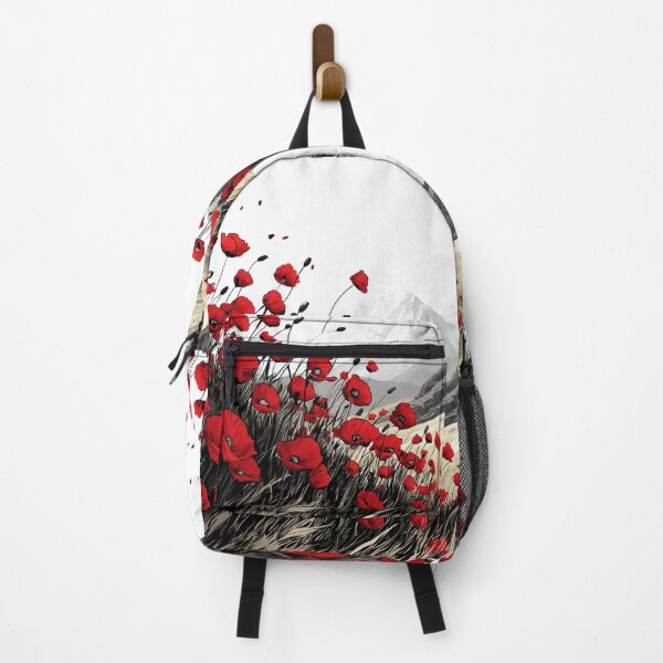Item preview, Field of Red Poppies Swaying in the Wind with Majestic Mountain Background designed and sold by PaintbrushPlace.