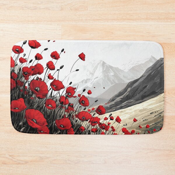 Item preview, Field of Red Poppies Swaying in the Wind with Majestic Mountain Background designed and sold by PaintbrushPlace.
