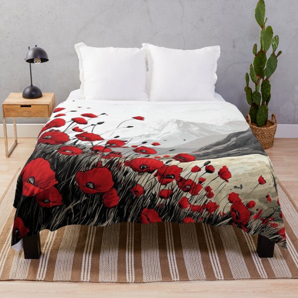 Item preview, Field of Red Poppies Swaying in the Wind with Majestic Mountain Background designed and sold by PaintbrushPlace.
