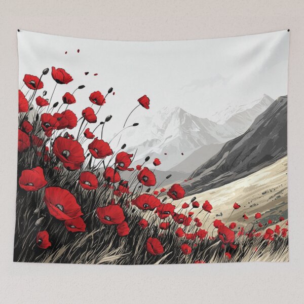 Item preview, Field of Red Poppies Swaying in the Wind with Majestic Mountain Background designed and sold by PaintbrushPlace.
