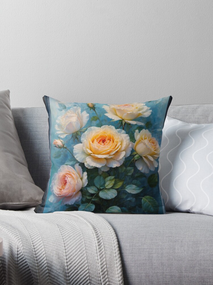 Exquisite Floral Golden Blooms In Soft Radiant Hues AI Concept Art by Xzendor7 - An Enchanting Floral Still Life 4 Exquisite Floral Golden Blooms In Soft Radiant Hues Enchanting AI Concept Art by Xzendor7 Decorative Art Print Throw Pillow