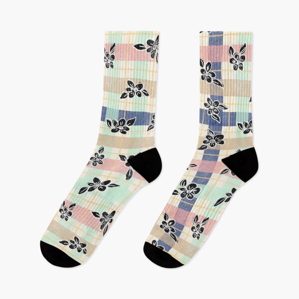 Item preview,  Socialite Preppy Colorful Plaid and Doodle Flowers- Cream, Pink, Mint Green, Navy Blue, Yellow with Black Flowers  designed and sold by GenAumonier.