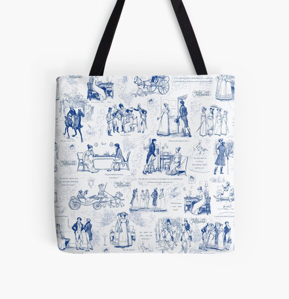 Item preview, Pride and Prejudice Blue Toile Illustrations Quotes Pattern designed and sold by tanjica.