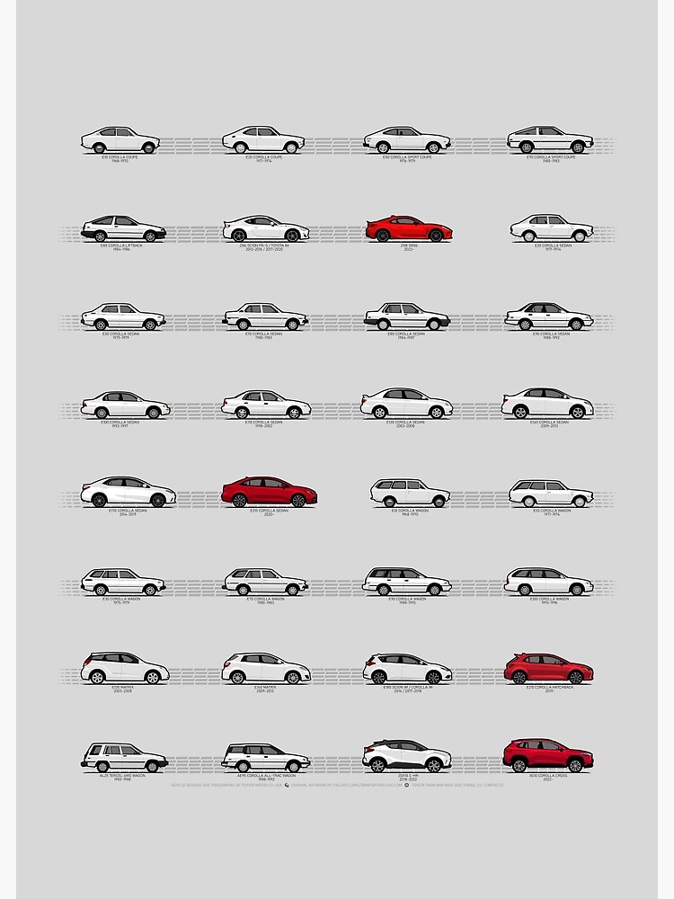 Thumbnail 3 of 3, Poster, Toyota T&N (1/4 Compacts Red) "Toyota Then and Now" MY2025 designed and sold by thelastlugnut.