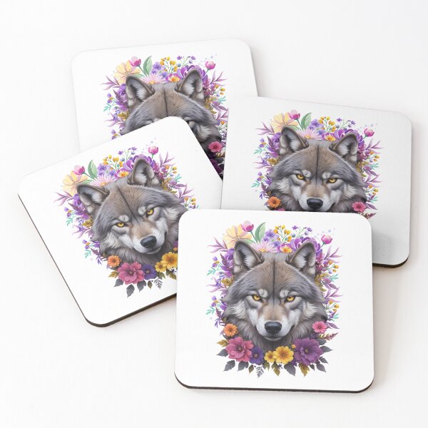 Item preview, Fierce Gray Wolf with Vibrant Floral Arrangement designed and sold by ArtiFourtee.