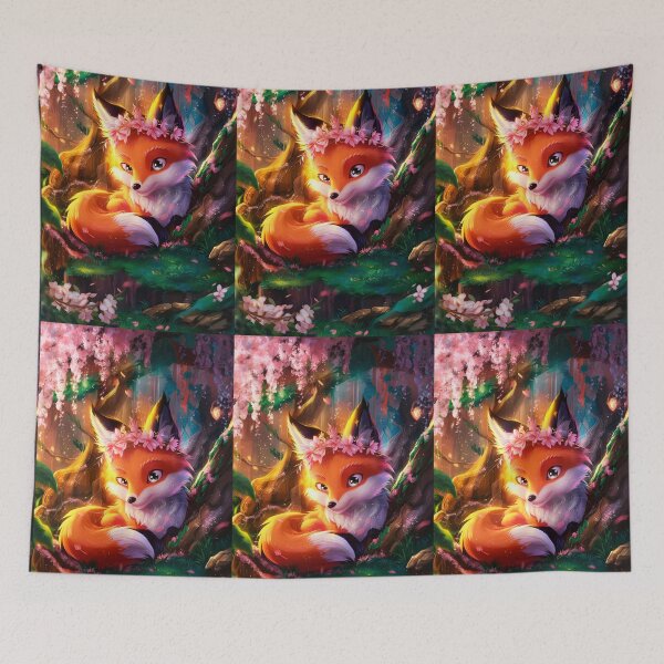 Item preview, Beautiful female fox with pink floral crown under a pink blooming tree in a forest art  designed and sold by EmeraldeaArt.
