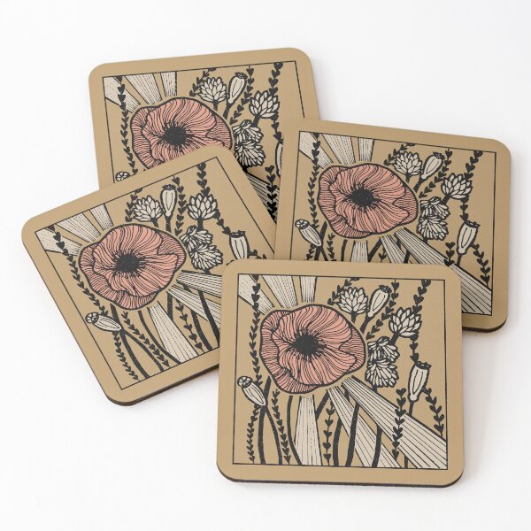 Item preview, Radiant Poppy Pen & Ink Illustration - Fawn, Coal, Dove, Coral designed and sold by Irene Estelle.