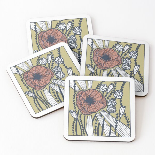 Item preview, Radiant Poppy Pen & Ink Illustration - Snow, Gold, Dusk, Coral designed and sold by Irene Estelle.