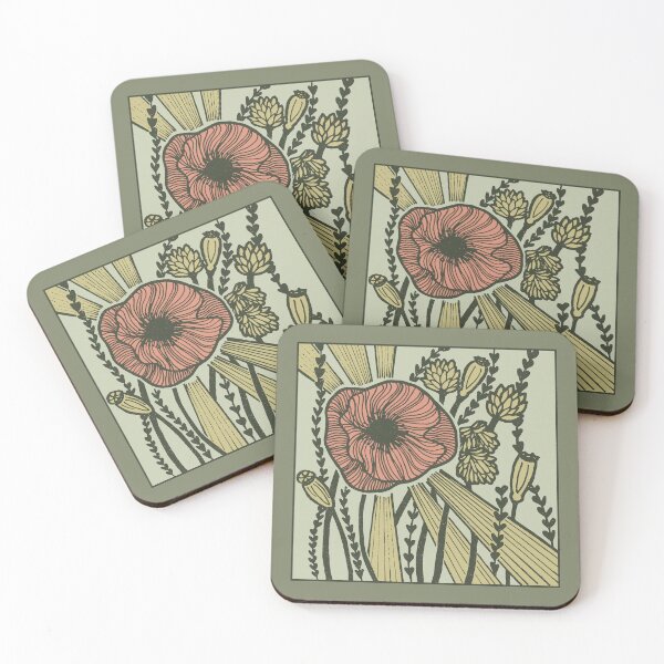 Item preview, Radiant Poppy Pen & Ink Illustration - Sage, Tea, Pine, Coral, Gold designed and sold by Irene Estelle.