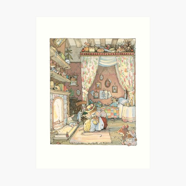 Lady Woodmouse gets Primrose ready for bed Art Print