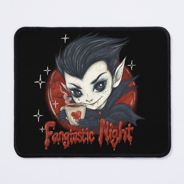 Item preview, Fangtastic Night! A cute vampire with a cup of coffee in his hands and an inscription stylized as blood. designed and sold by ArtbySvetik.