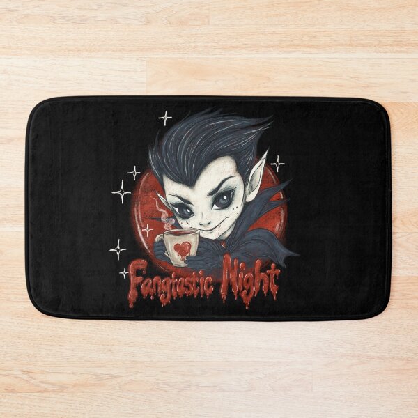 Item preview, Fangtastic Night! A cute vampire with a cup of coffee in his hands and an inscription stylized as blood. designed and sold by ArtbySvetik.