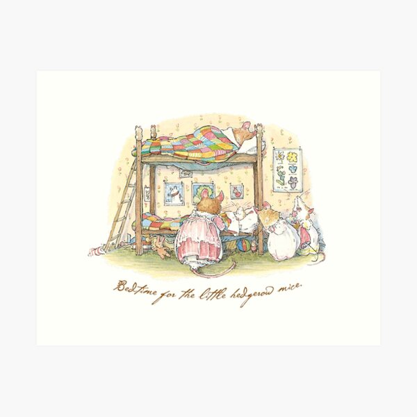Lady Woodmouse gets the little mice into bed Art Print