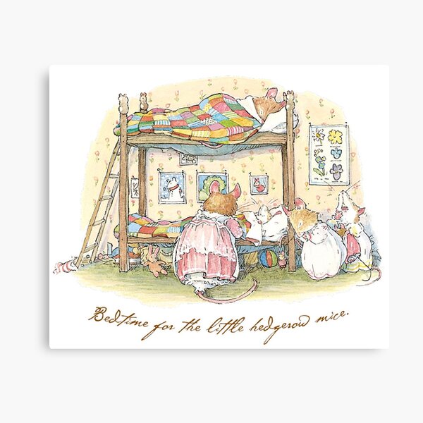 Lady Woodmouse gets the little mice into bed Canvas Print