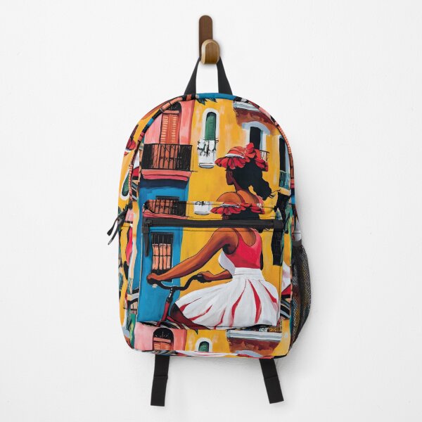 Item preview, Woman in Flowing White and Red Dress Riding Bicycle - Colorful Street Scene with Blue and Yellow designed and sold by OlfactoART Studio.